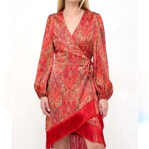 Marciano By guess Holiday Morris Paisley wrap Bohomian Dress  with Tassel , sz 6